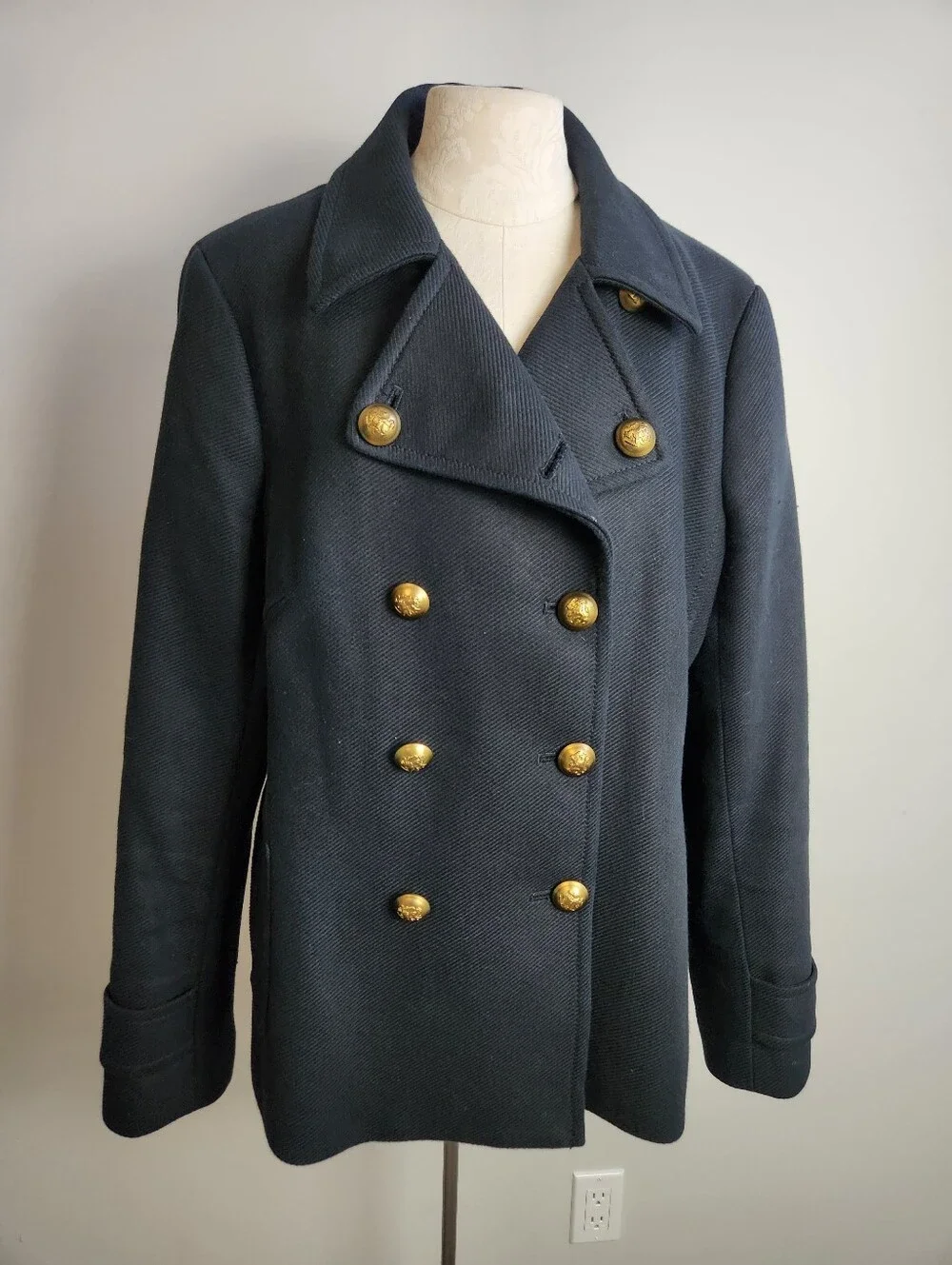 Heavy Cotton Pea Coat Navy Blue Gold Button Double Breasted XL Preppy Heritage - Picture 2 of 16